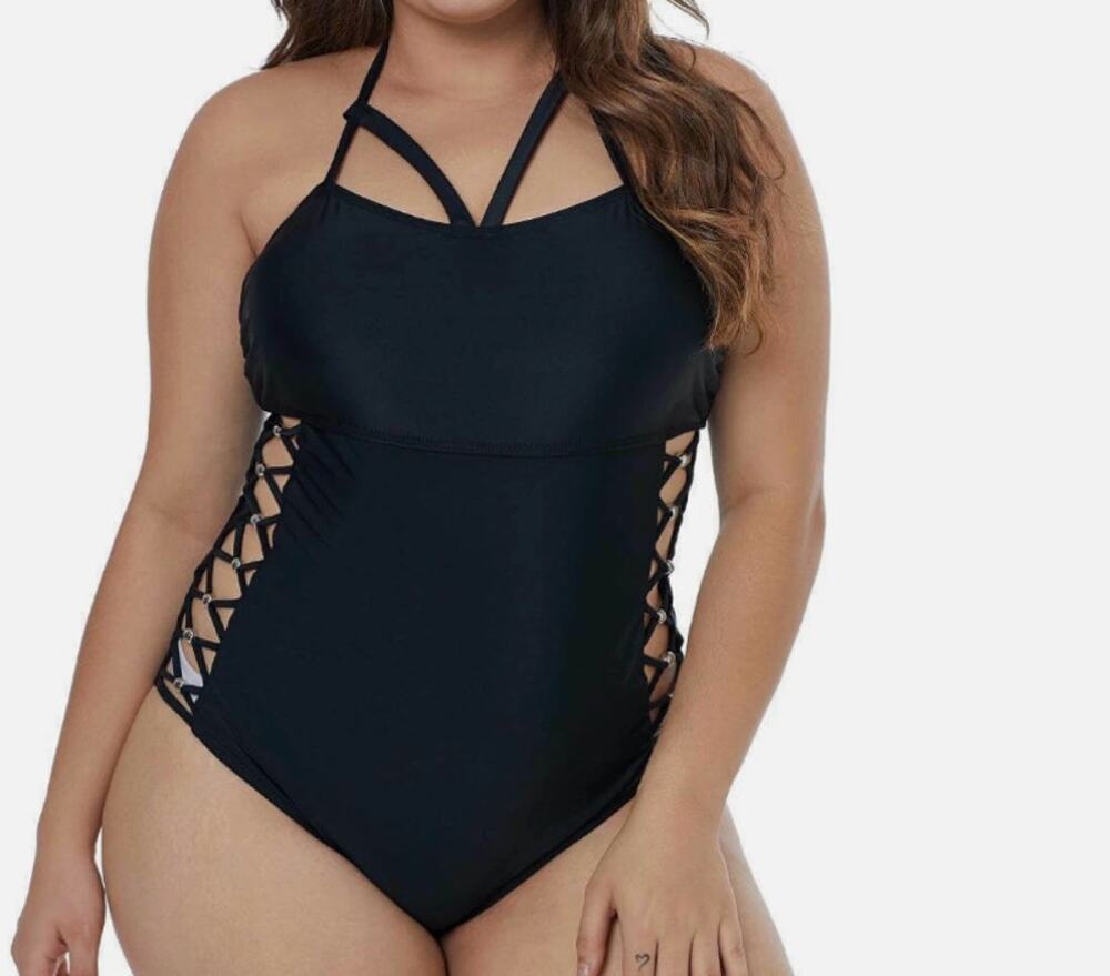 Womens Black Strappy Cut Out Swimwear Swimmers One Piece Togs